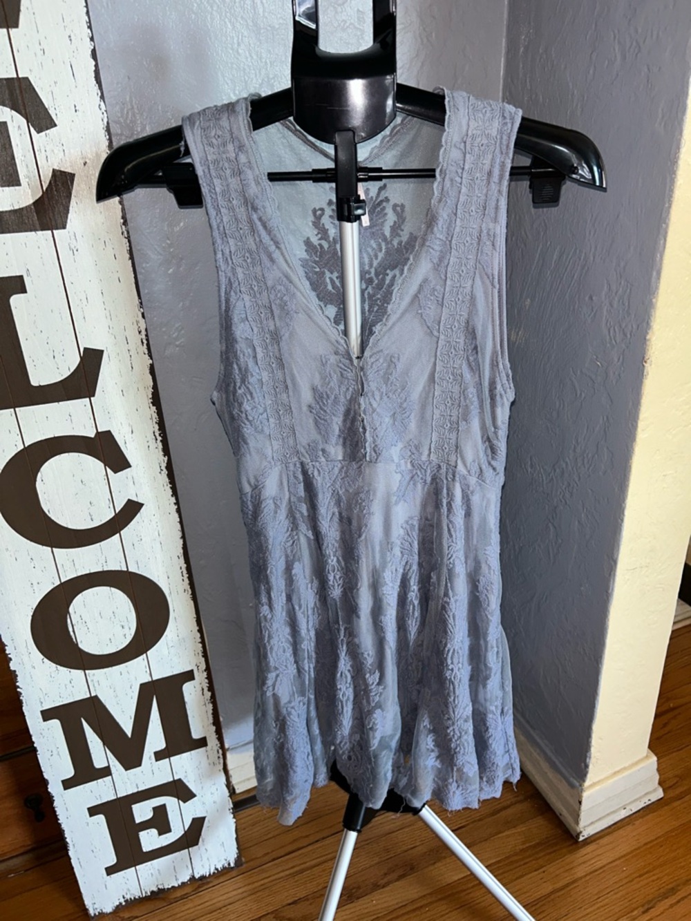 Free People Light blue Gray Lace V-Neck Mini Dress